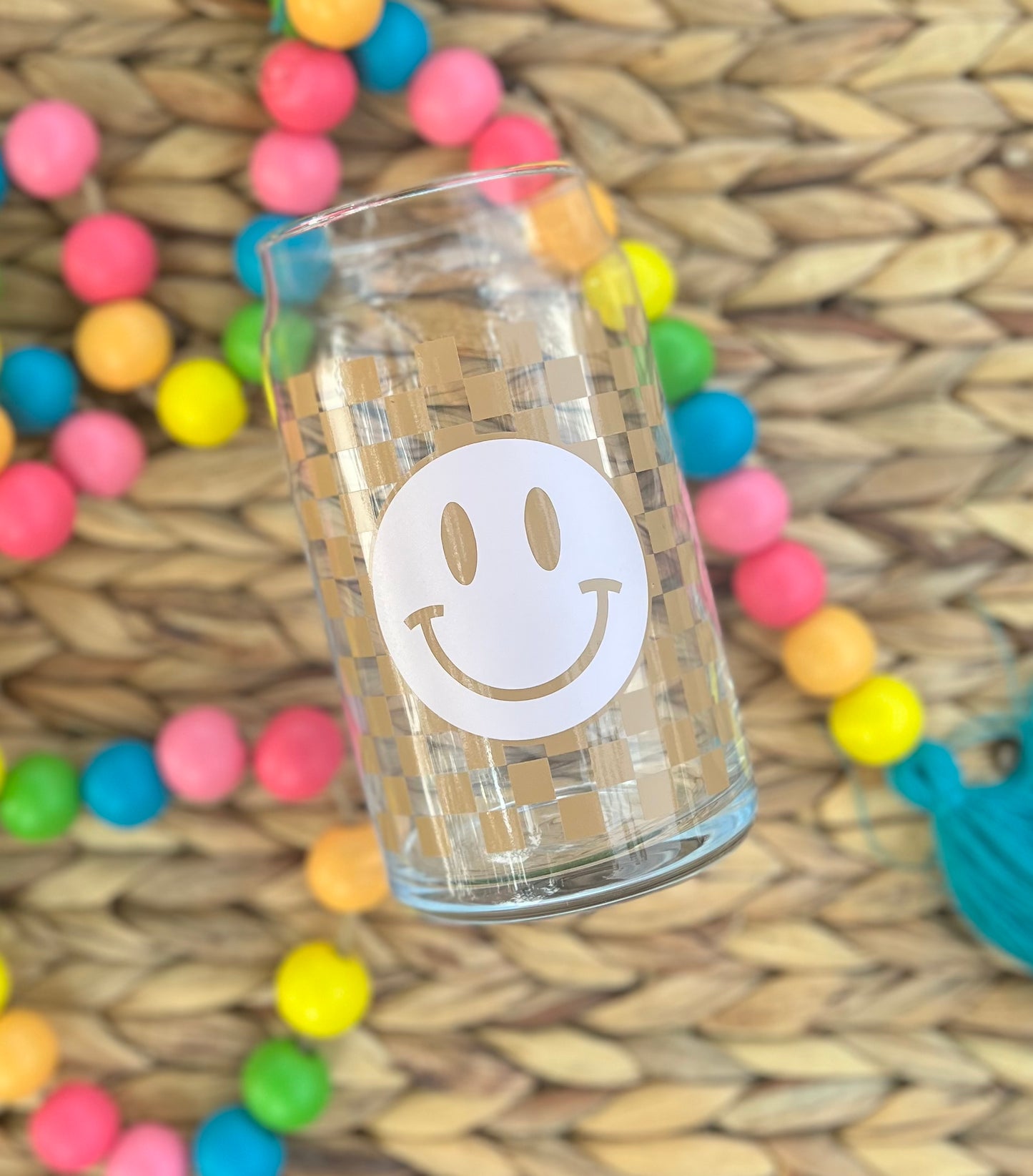 Checkered Smiley Beer Can Glass