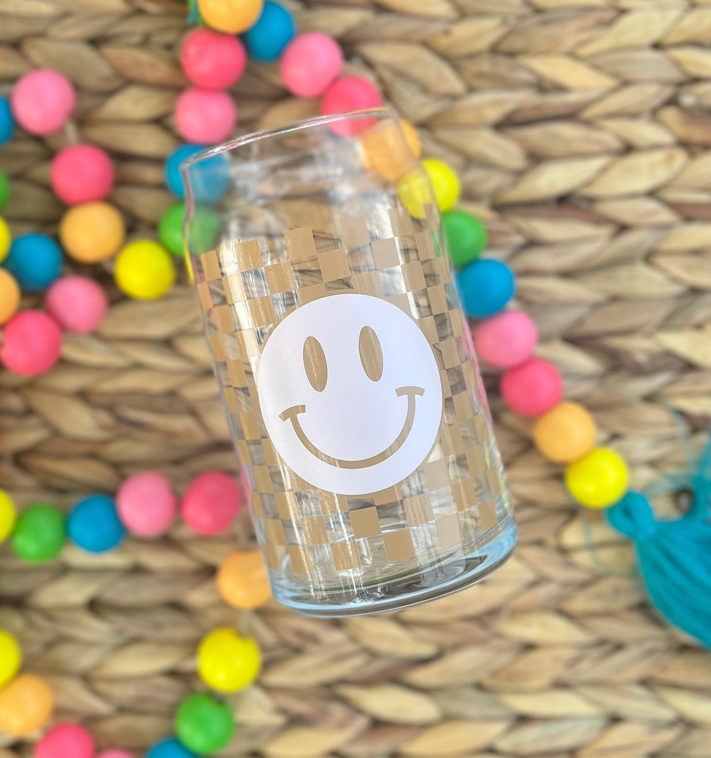 Checkered Smiley Beer Can Glass