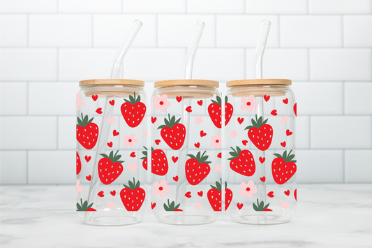 Sweetheart Sips – 16 oz Strawberry & Hearts Beer Can Glass | Aesthetic Iced Coffee Cup