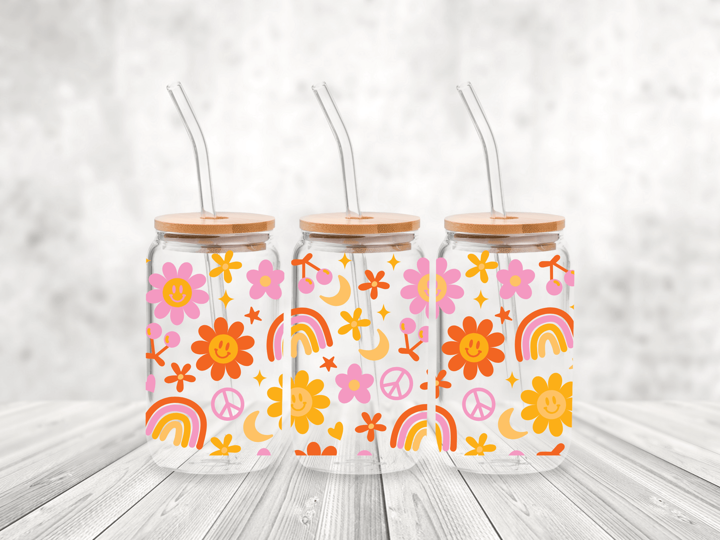 Retro Vibes Only – 16 oz Hippie Beer Can Glass | Rainbow, Cherries, Peace Signs & Flower Power Cup